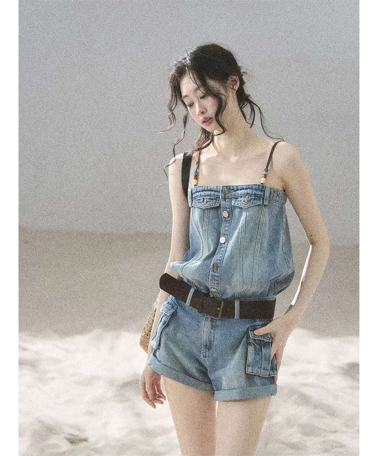 Washed Denim Jumpsuit Shorts