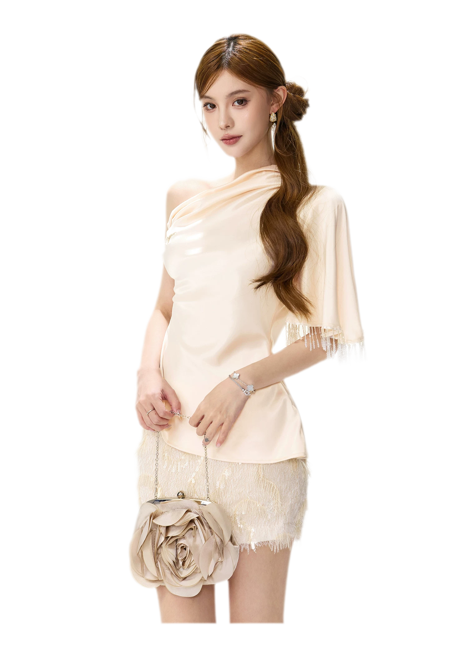 Asymmetric Tassel Satin Top