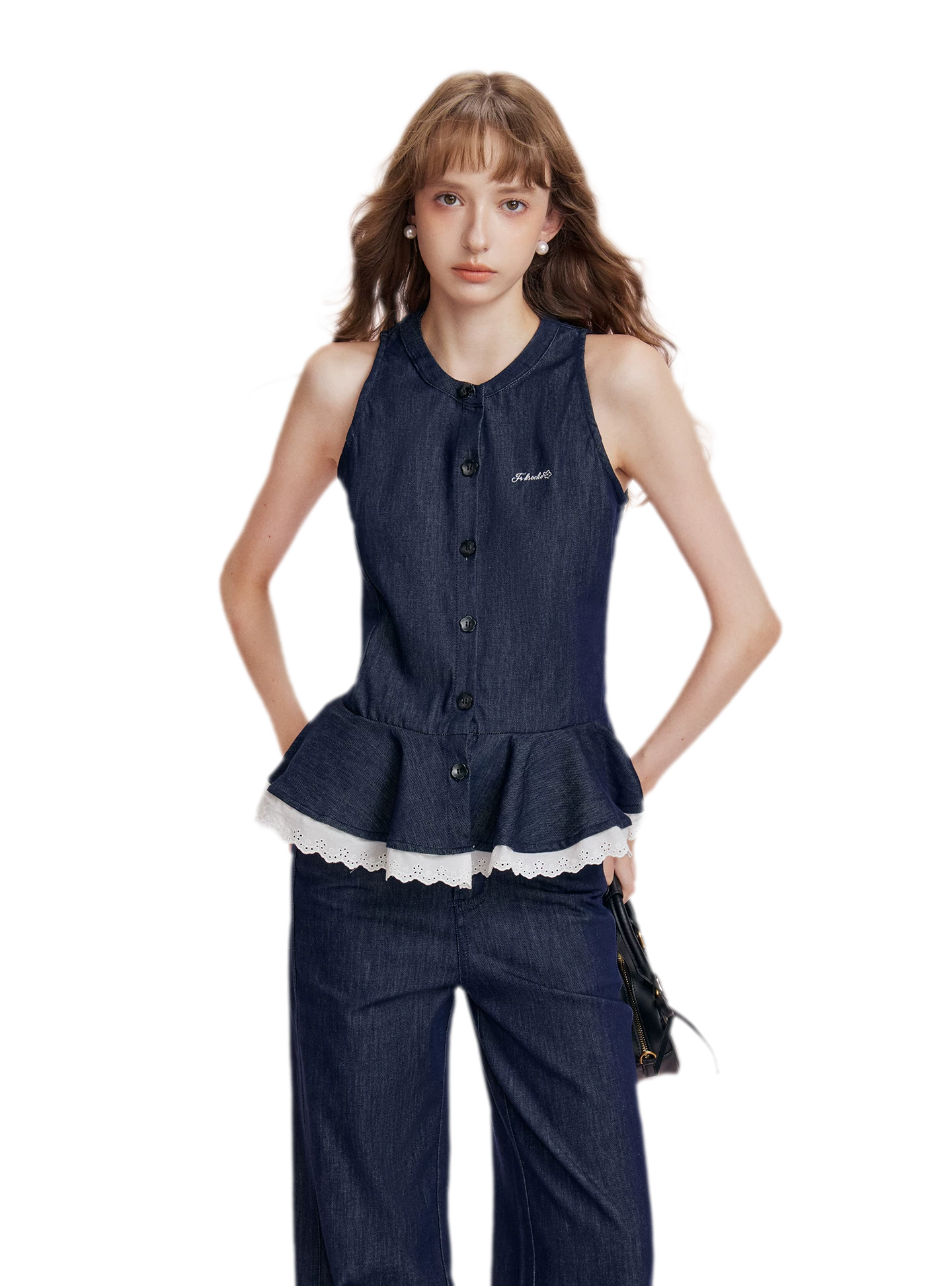 Lace Trim Peplum Denim Set