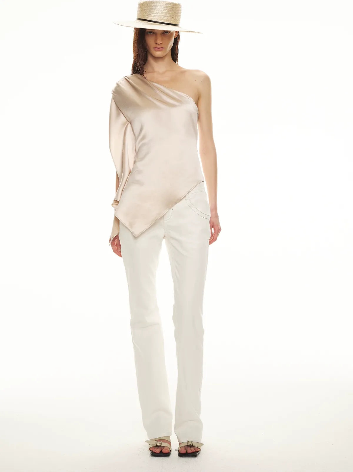 Asymmetric One-Shoulder Waist-Slimming Top in Apricot