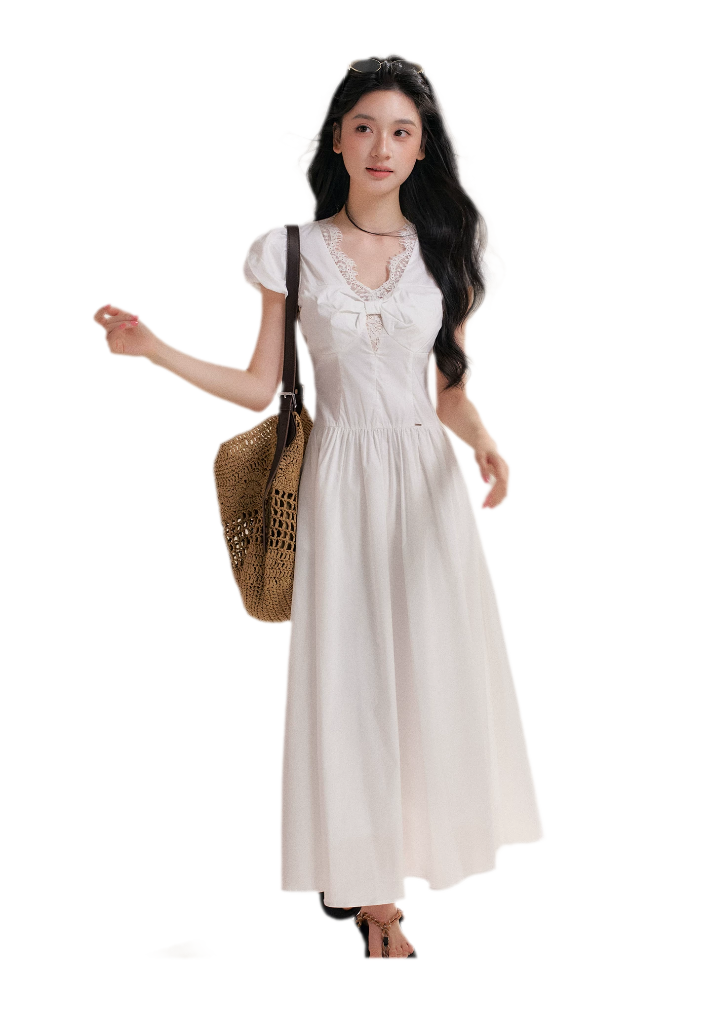 Knot Design French Lace Puff Sleeve A-Line Dress