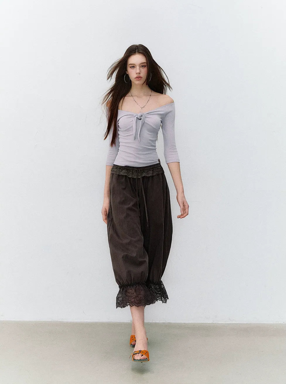 Relaxed Fit Tencel Lace Patchwork Wide Leg Pants