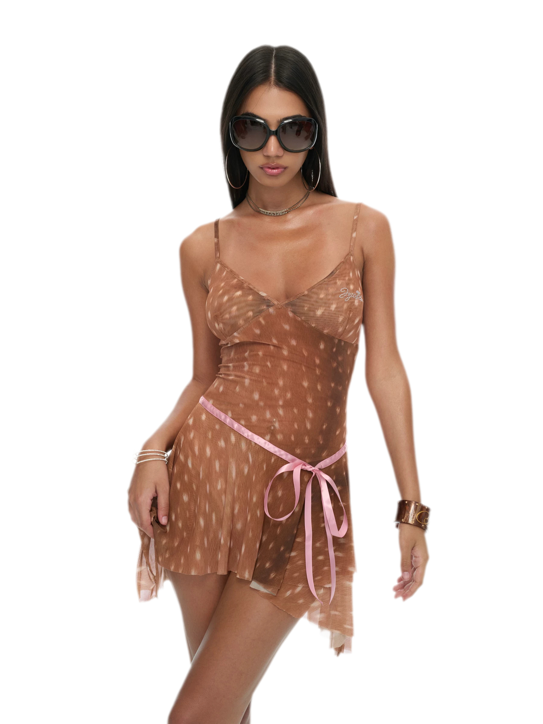 Deer Print Sheer Ribbon Dress