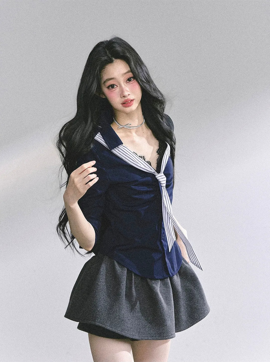 細條紋蕾絲 Polo 衫