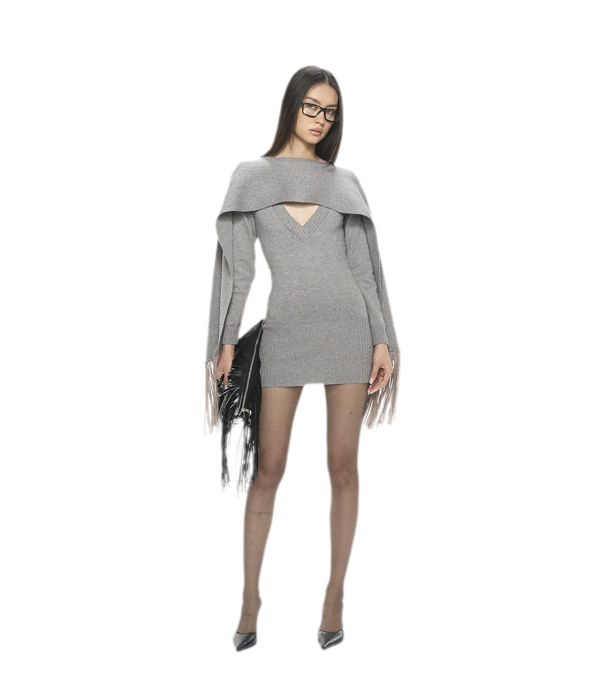 Deep V Fringe Knit Dress