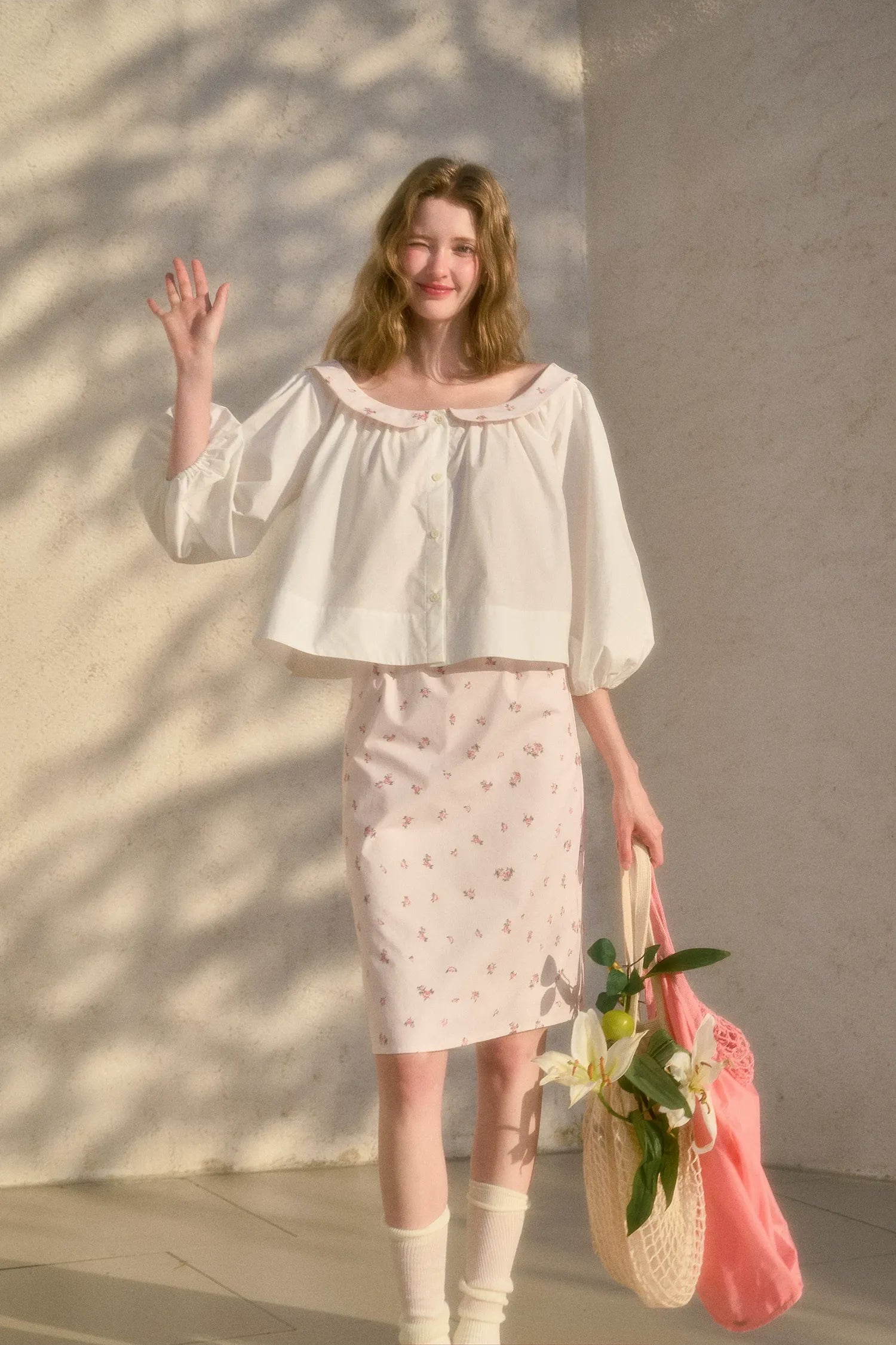 Floral Puff-Sleeve Blouse Skirt Set