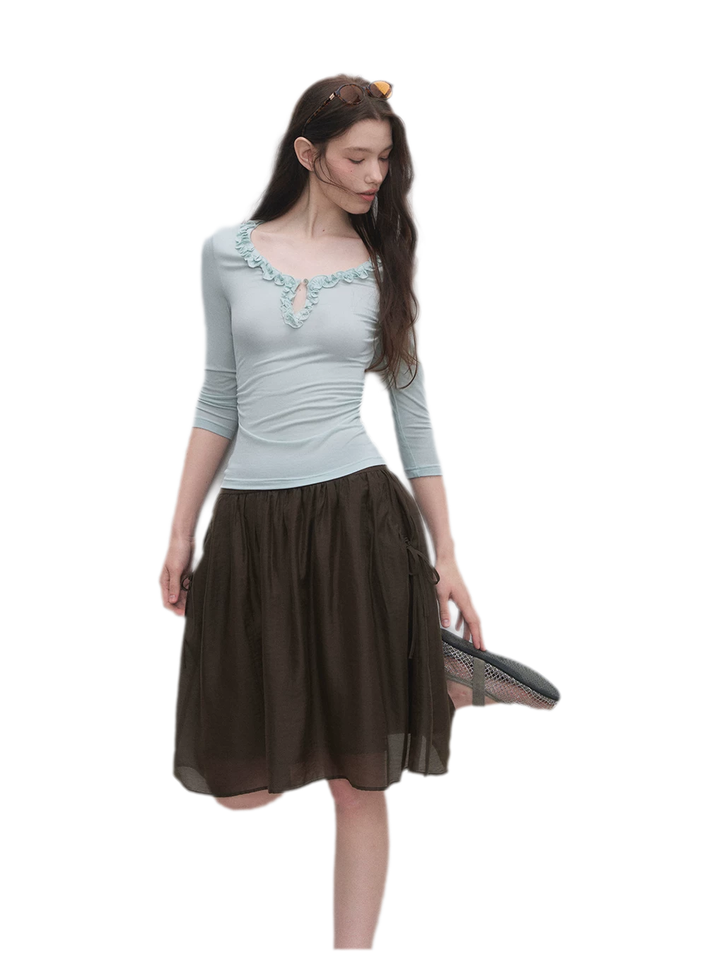 Ruffled Neck Stretch Tee