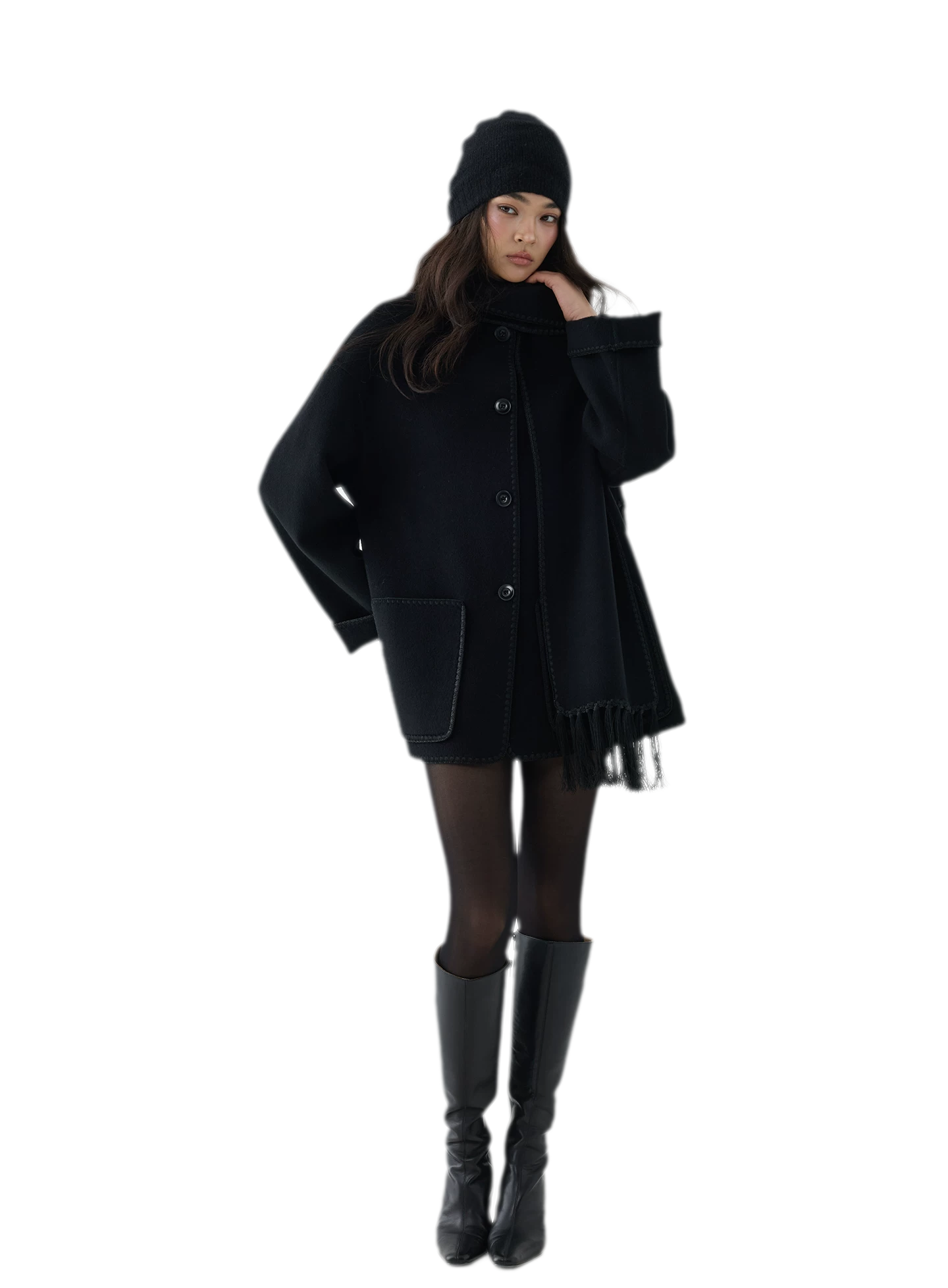 Double-Faced Wool Fringe Cape Coat