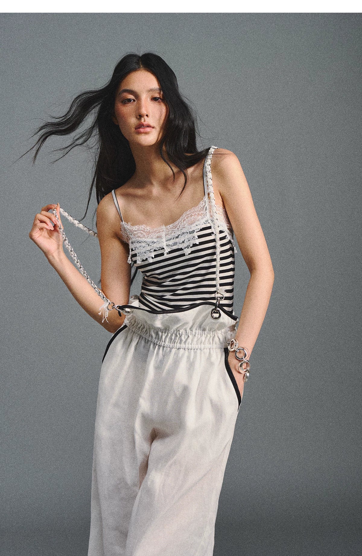 Tencel Linen Contrast Satin Trim Wide-Leg Pants