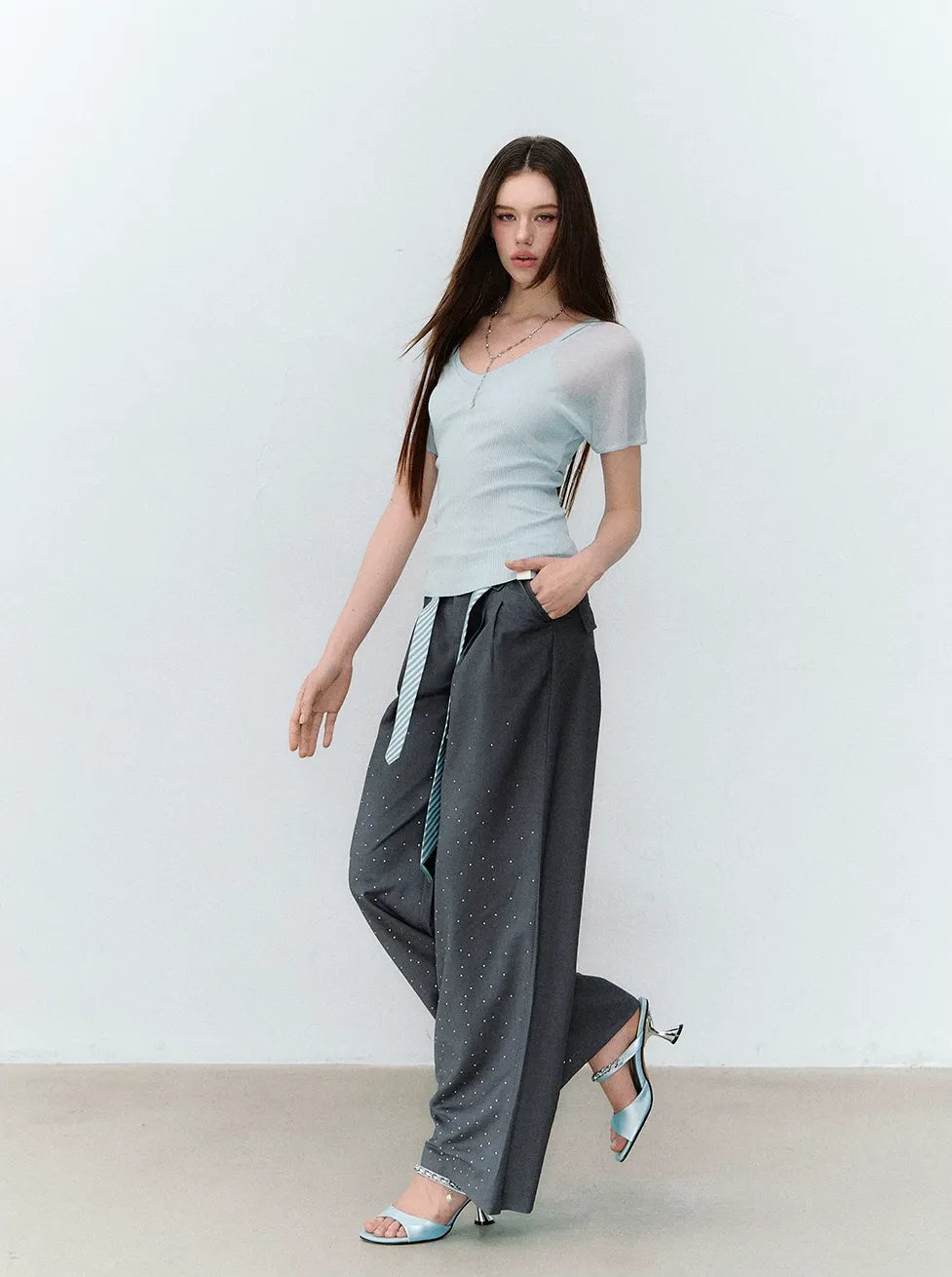 Rhinestone Pleated Waistband Wide-Leg Pants