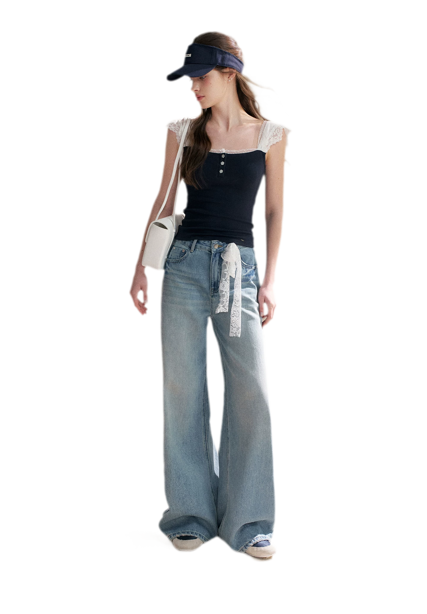 Lace Edge Wide Strap Knit T-Shirt