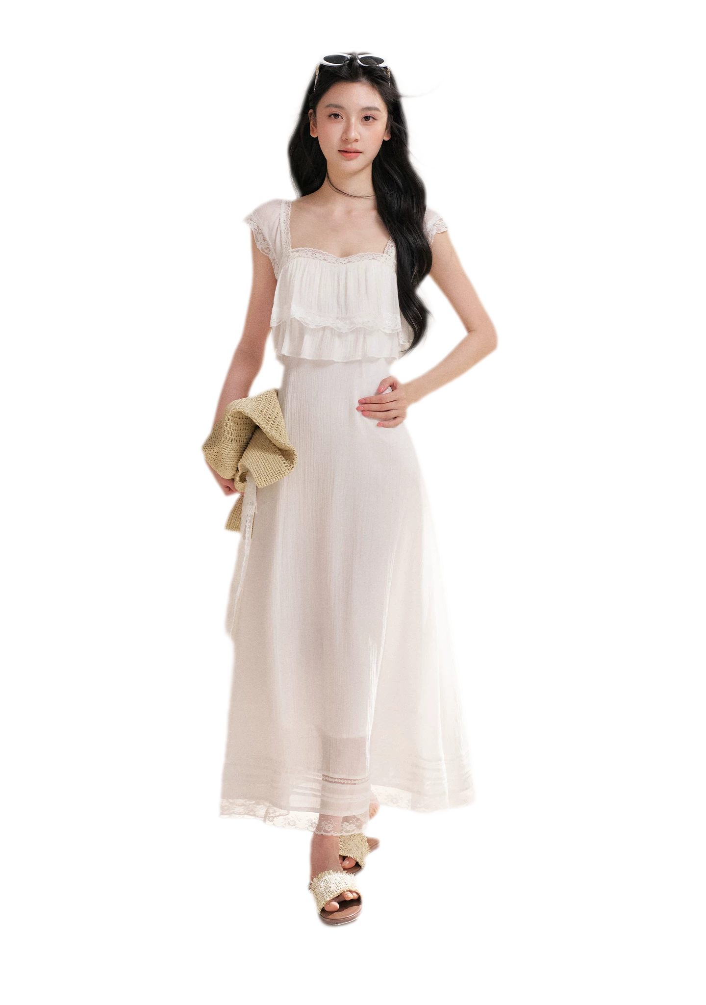 Lace Ruffle Waist Long Dress