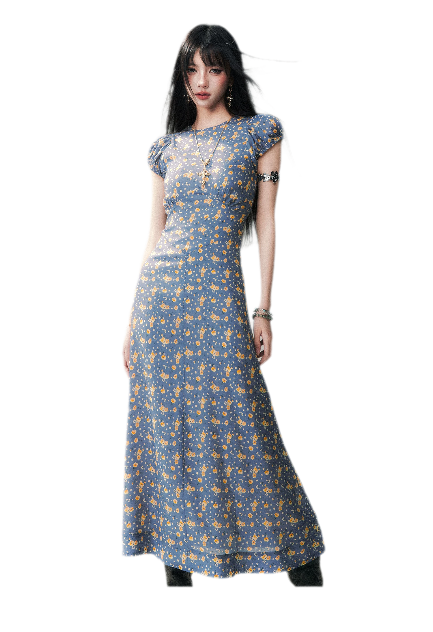 Blue Floral Tencel Dress