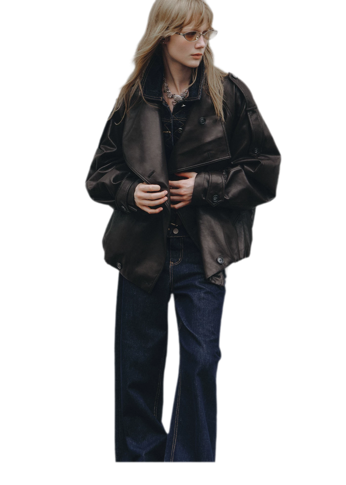 Faux-Leather Oversized Double-Breasted Jacket