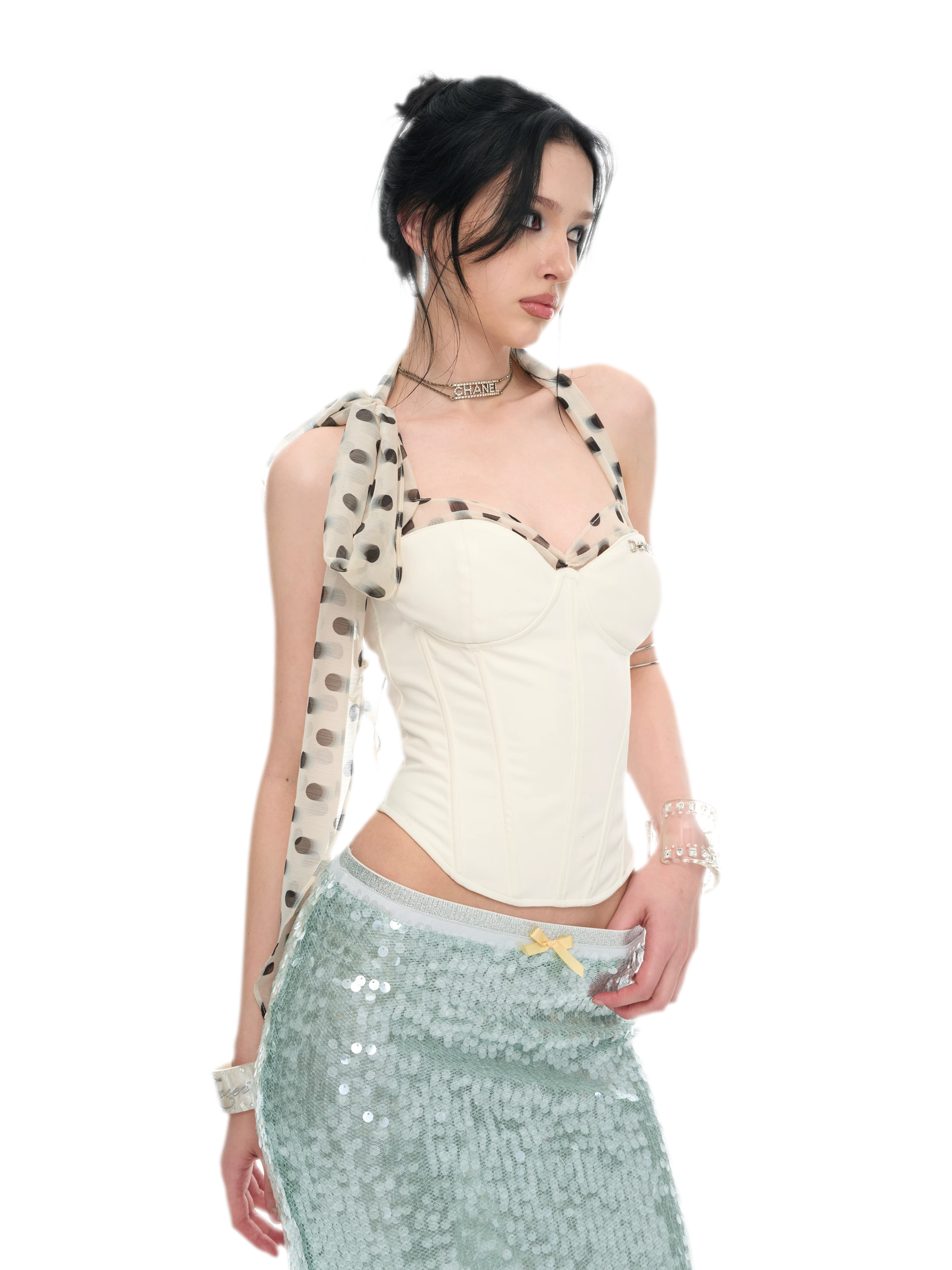 White Polka Dot Chiffon Corset