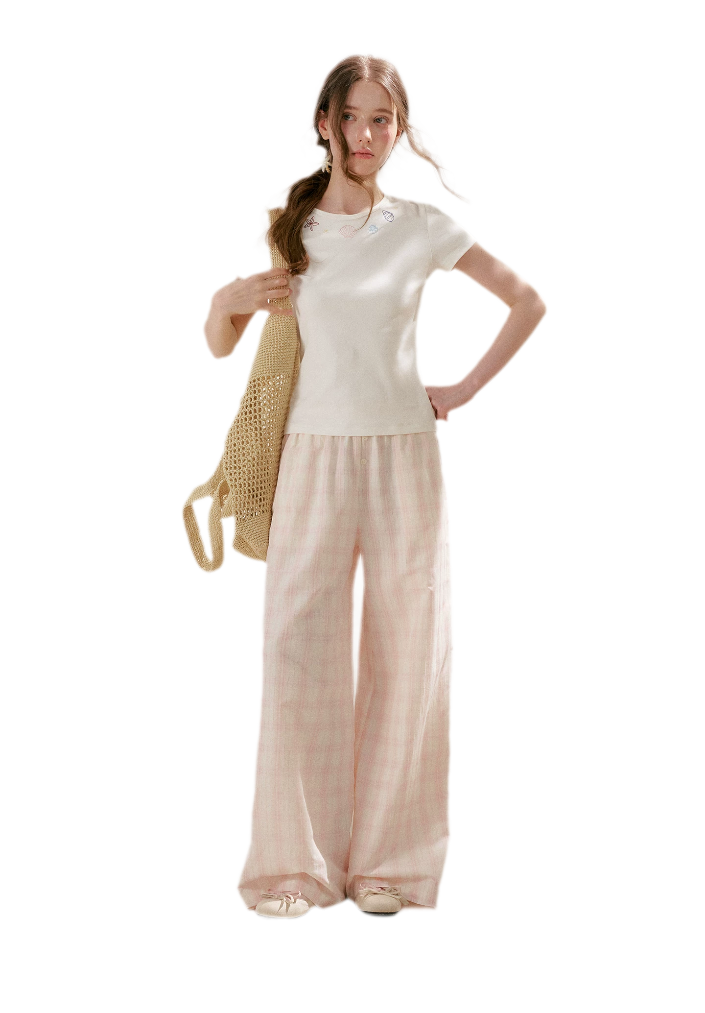 Linen Checkered High-Waist Wide-Leg Pants