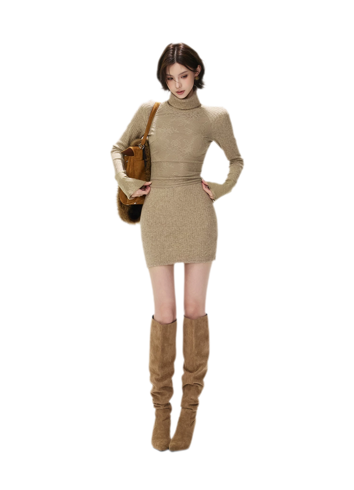 Lace Panel Ribbed Mini Dress