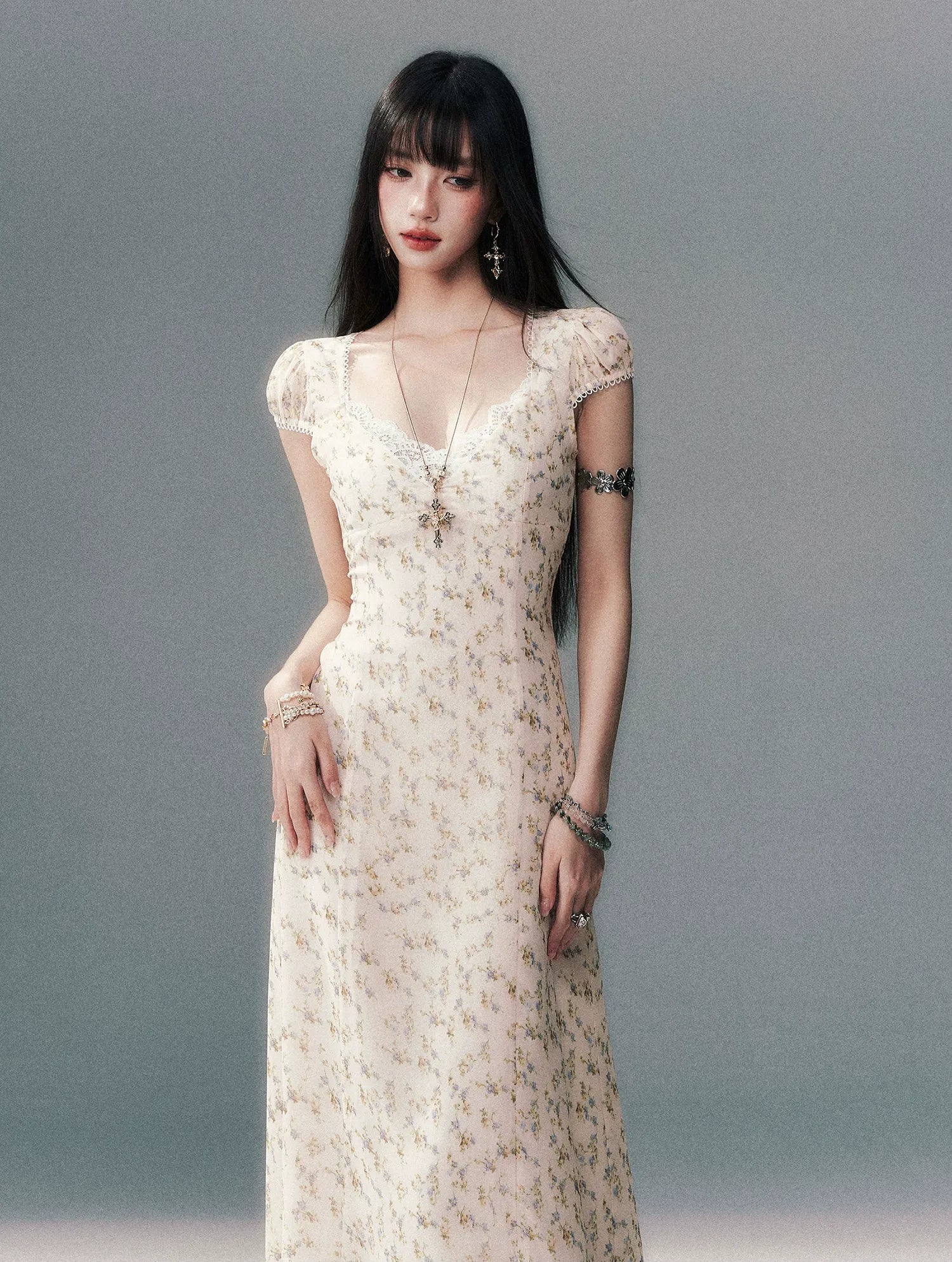 Lace V-Neck Long Dress