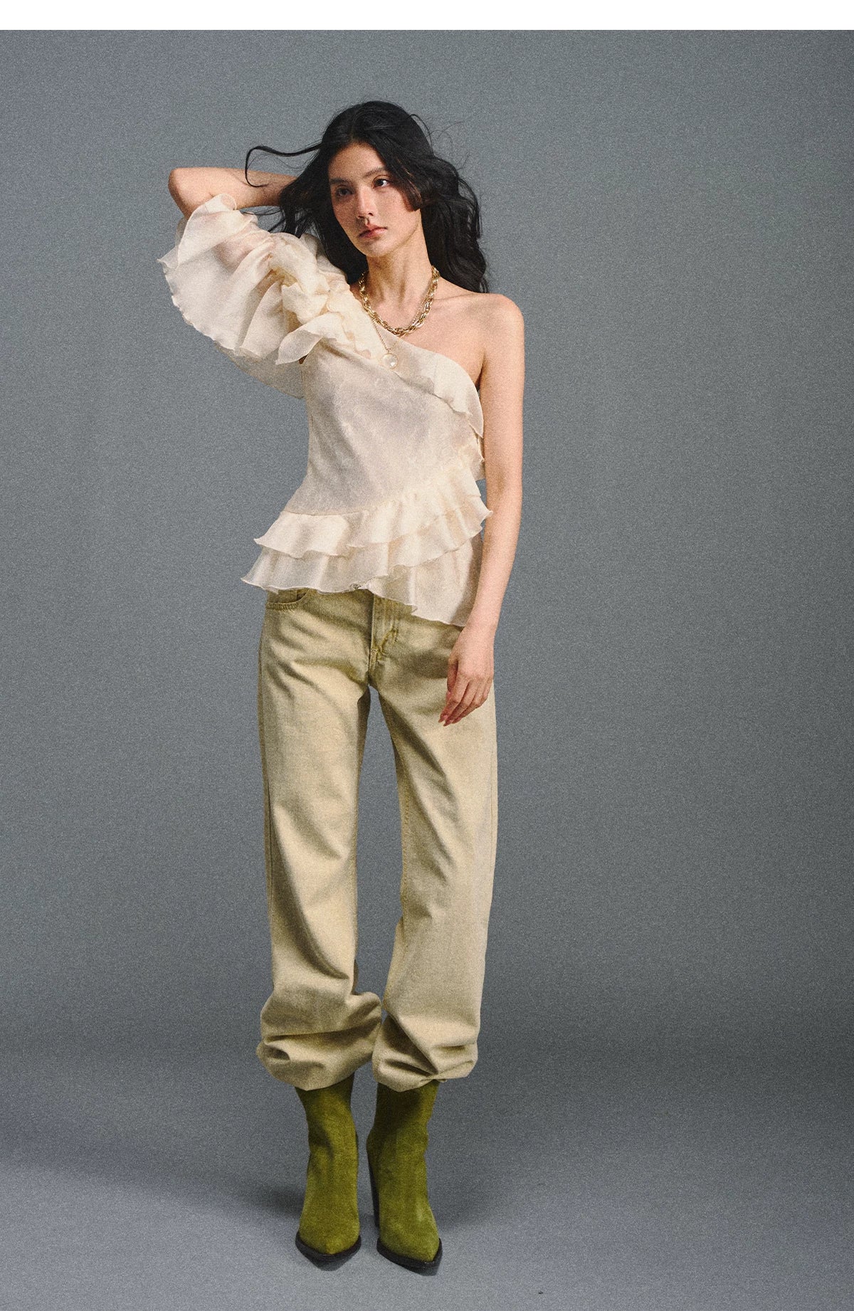 Vintage Romantic Lace Ruffled Asymmetric Top