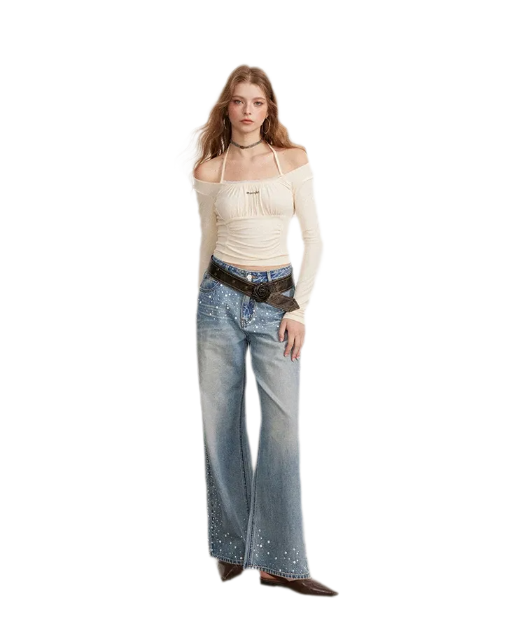 Ruching Lace Trim Long-Sleeve Top