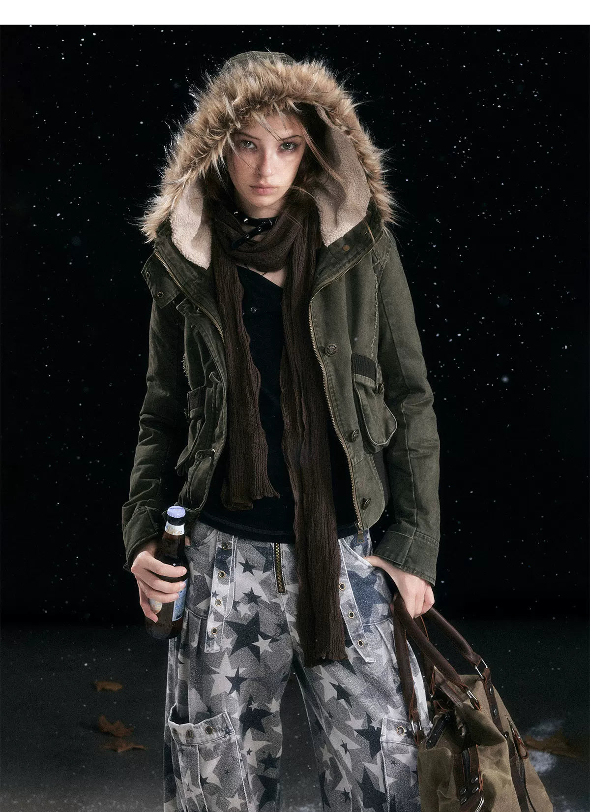 Washed Quilted Fur-Trim Hooded Jacket