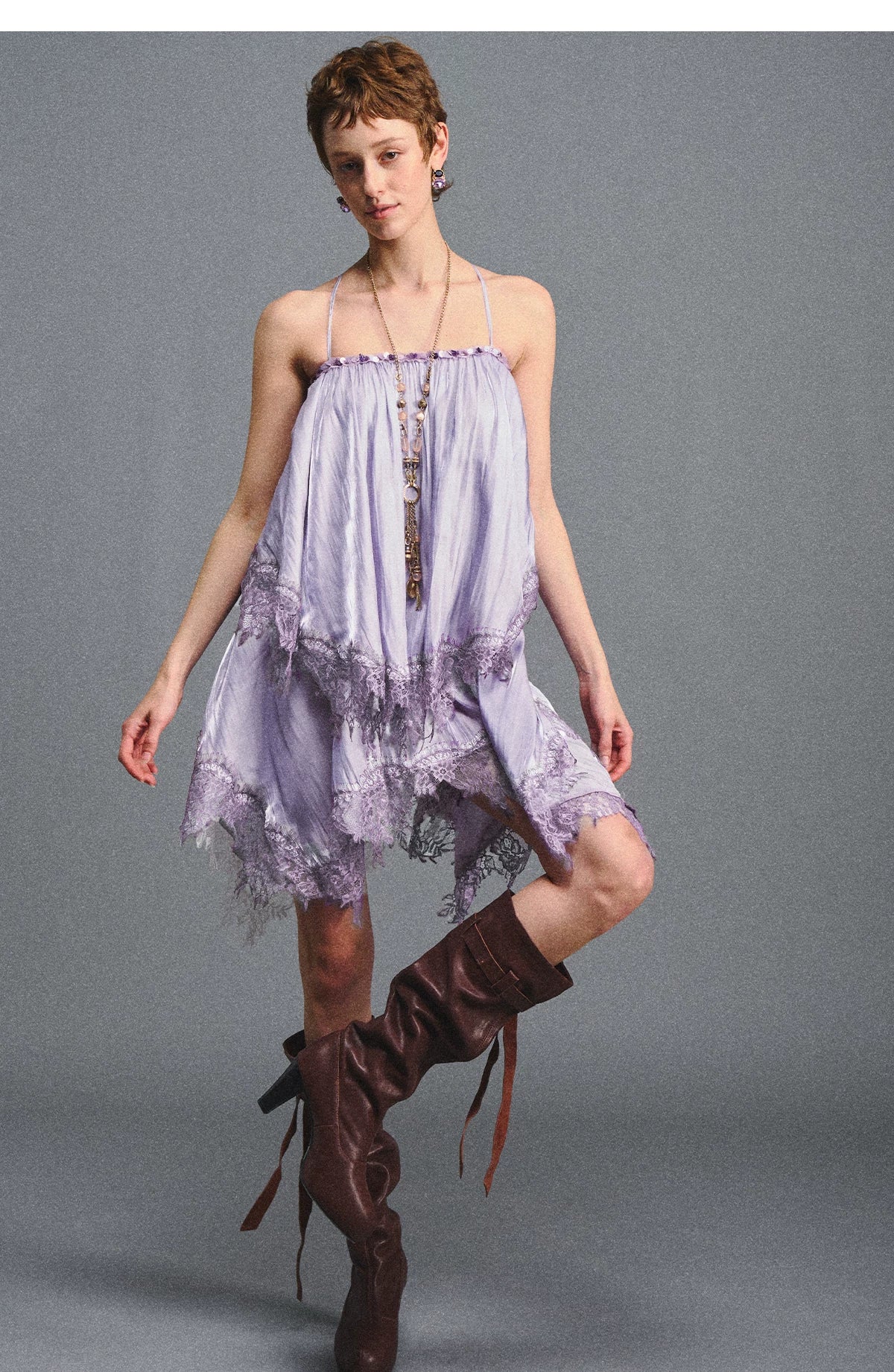 Lavender Galaxy Lace Satin Beaded Strap Dress