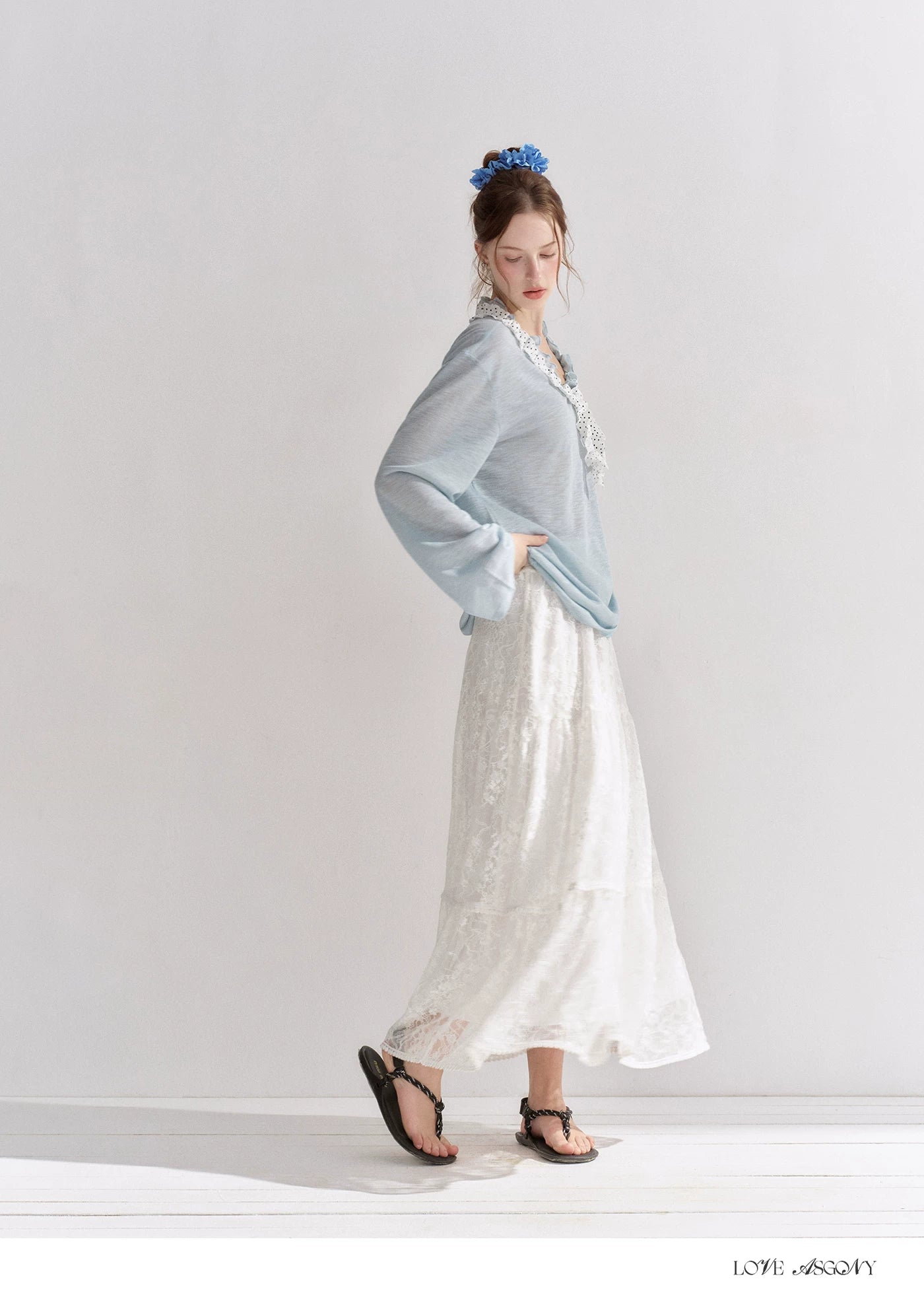 Lace Trim Elastic Waist A-line Long Skirt