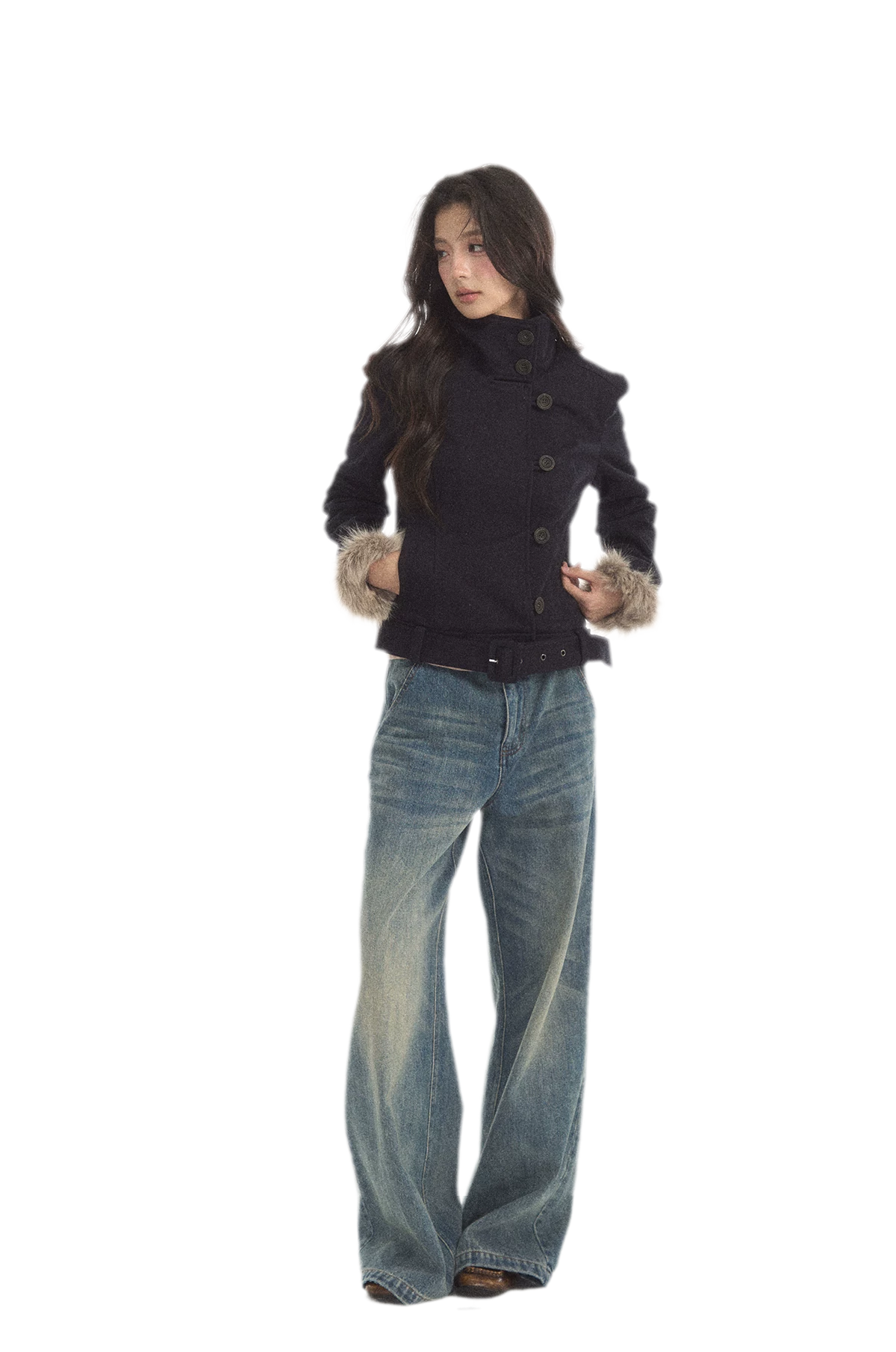 Detachable Fur Collar Twill Coat