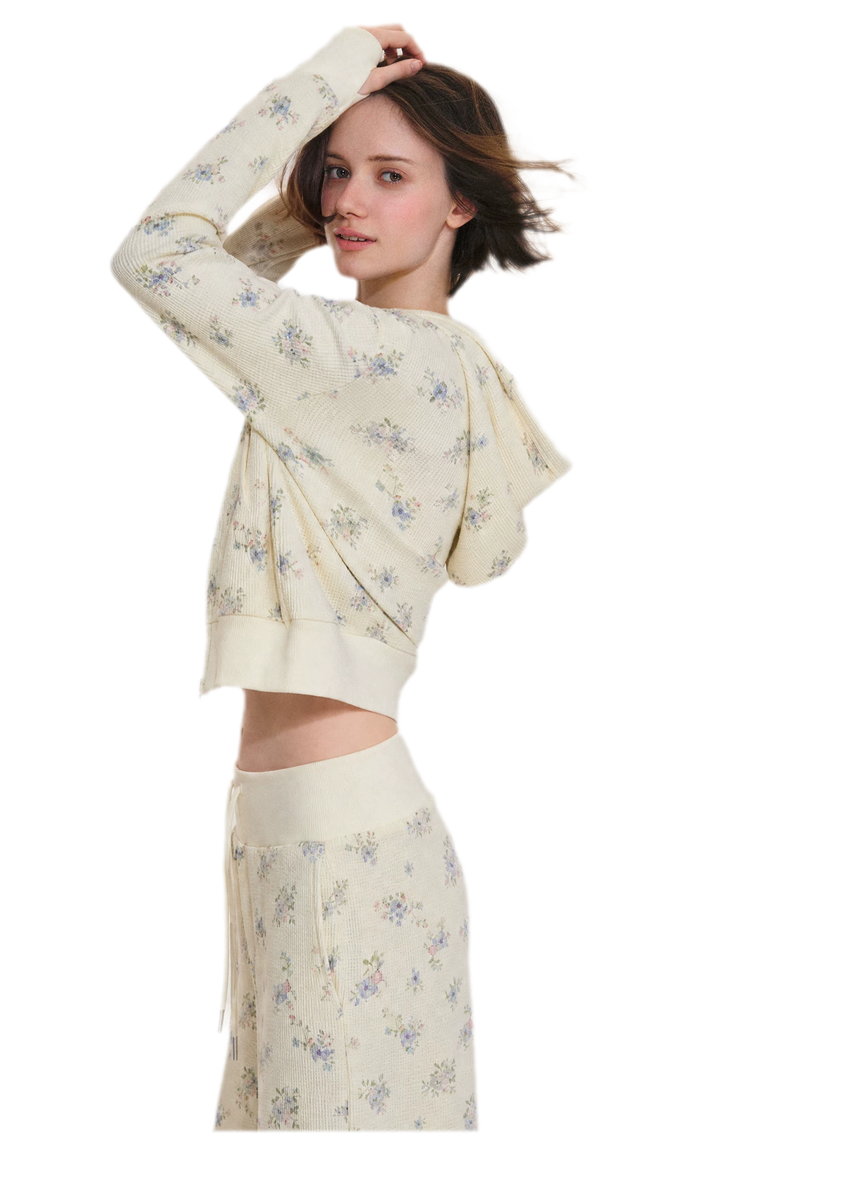 Blumenmuster-Waffel-Hoodie-Set