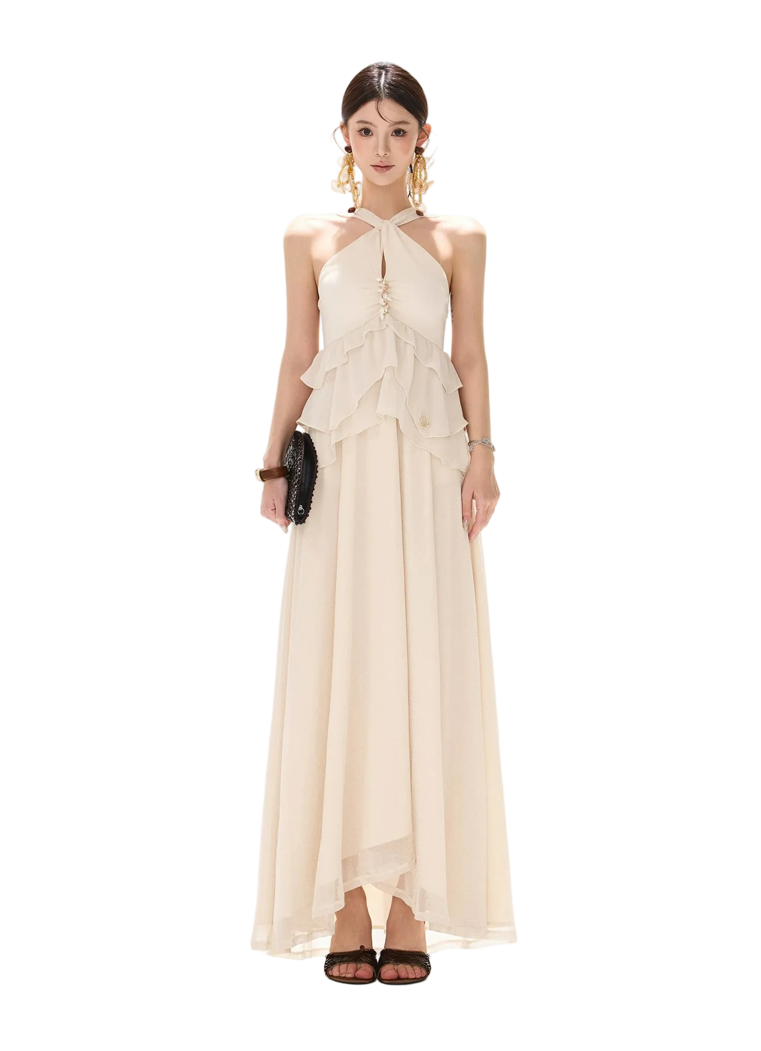 Flowing Halter Rhinestone Chiffon Long Dress Gray Apricot / M