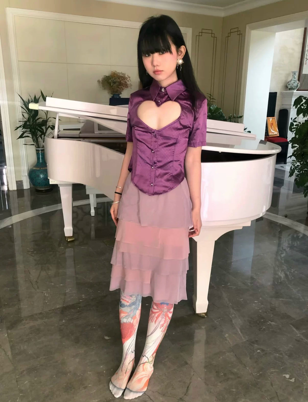 Glossy Purple Heart-Cutout Shirt