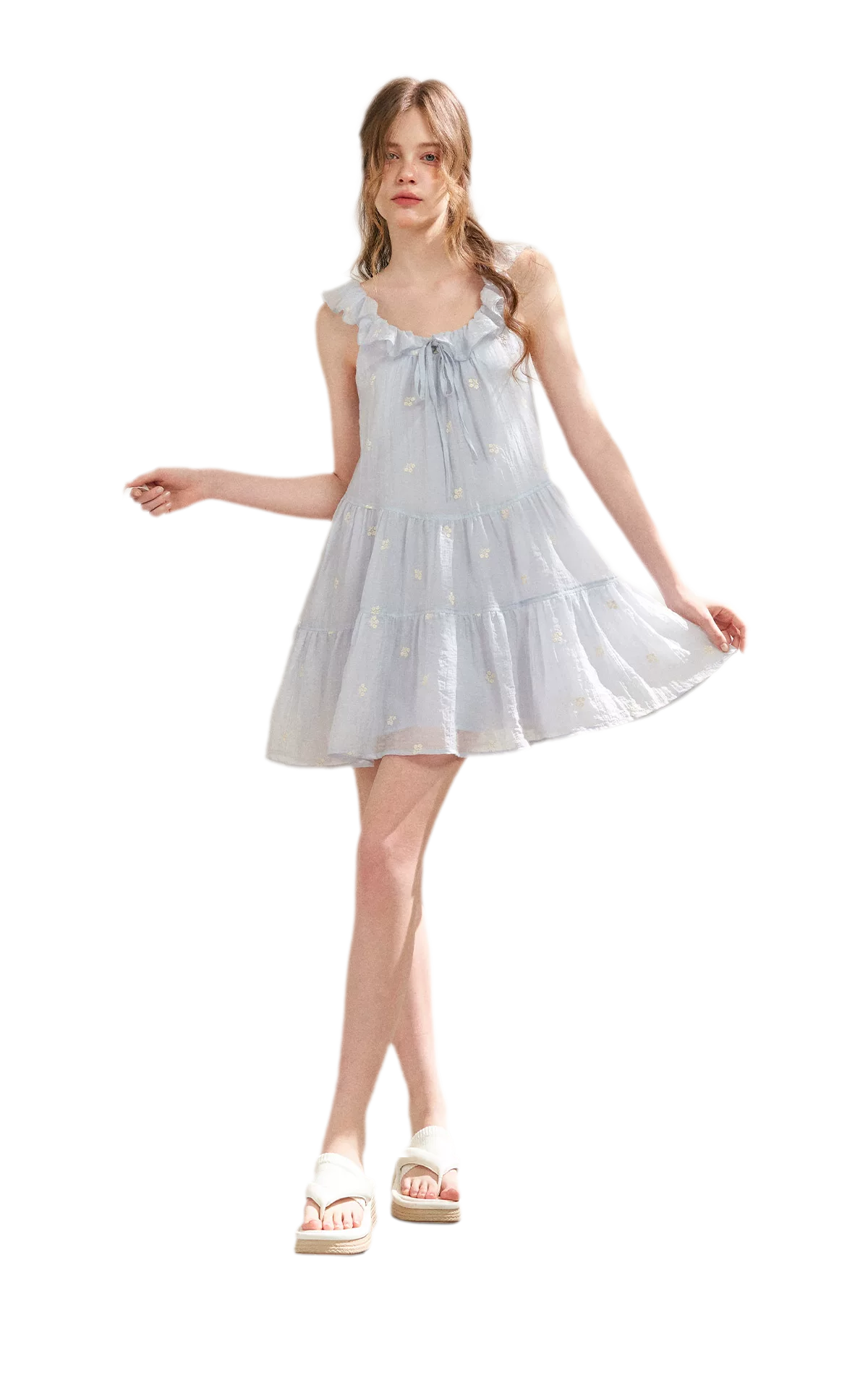 Tencel Embroidered Ruffle A-line Dress