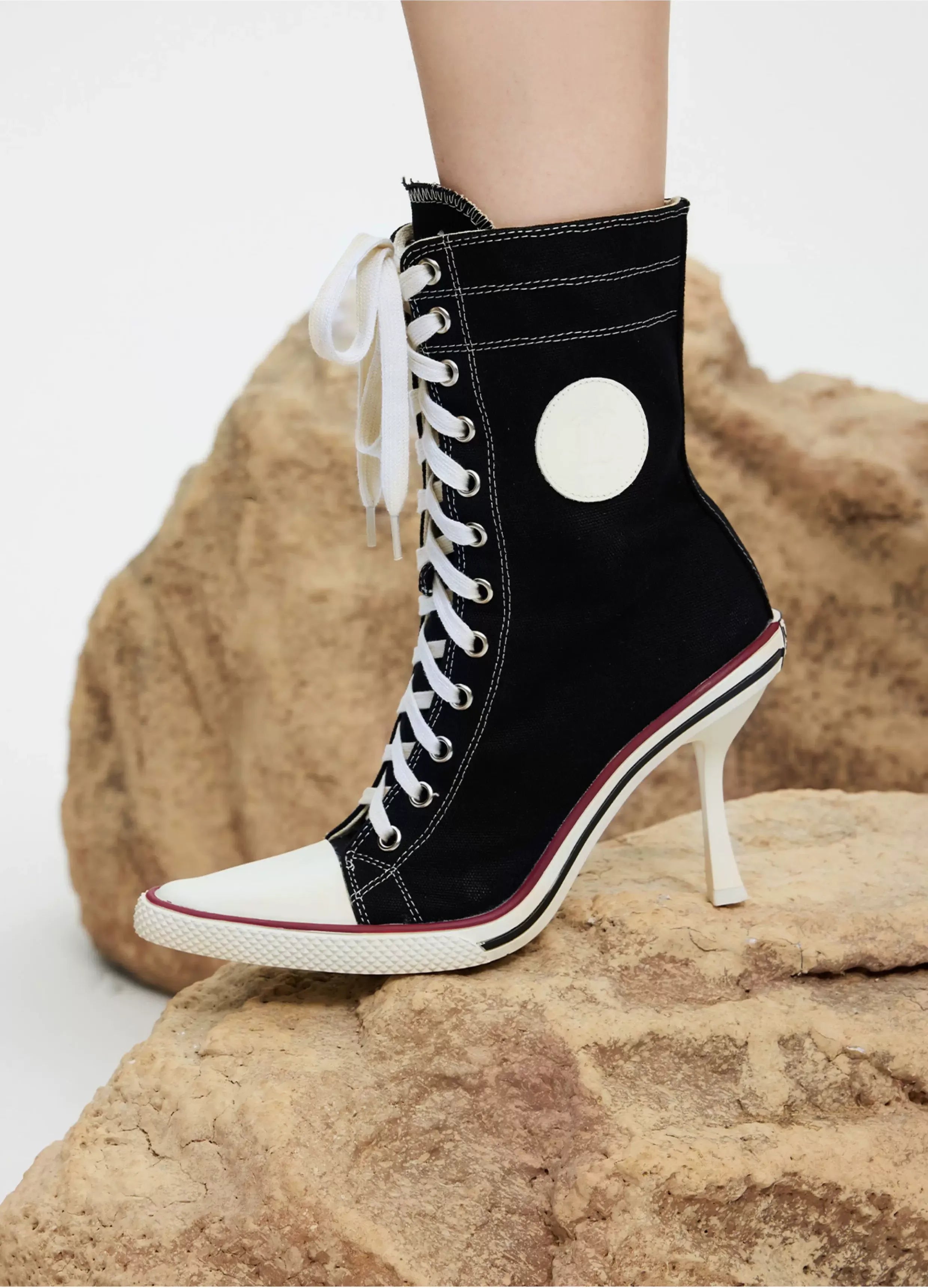 Canvas Lace-Up High-Heel Boots