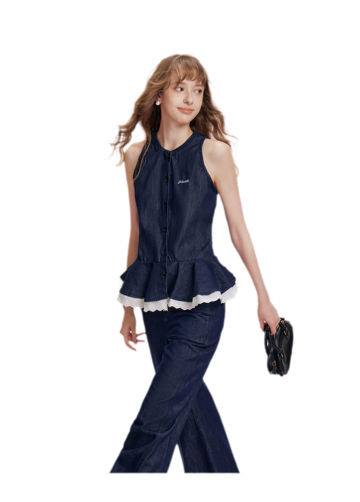Lace Trim Peplum Denim Set