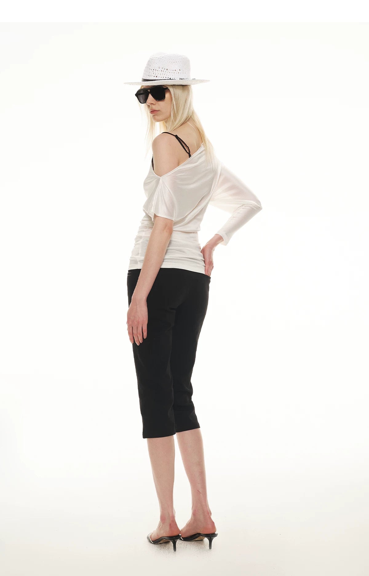 Silky Satin Texture Asymmetric Off-Shoulder Lace Trim T-Shirt