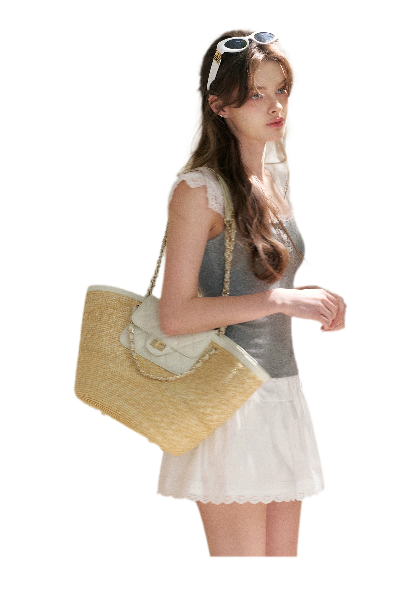 Lace Edge Wide Strap Knit T-Shirt