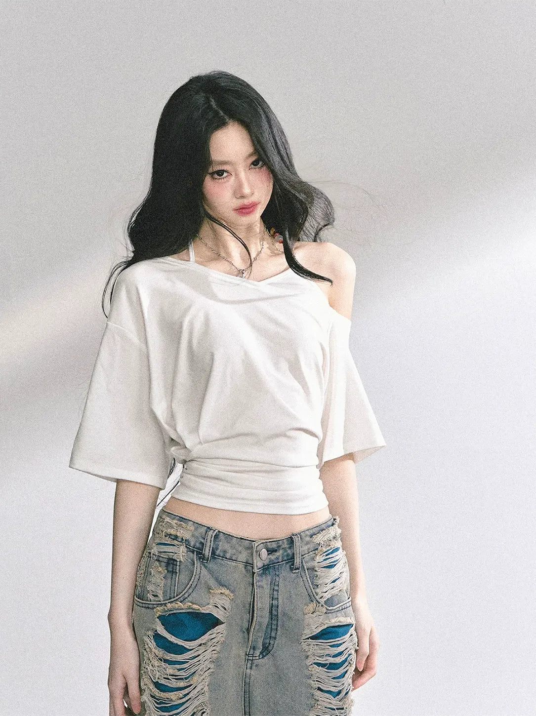 Asymmetric Beaded Off-Shoulder Top