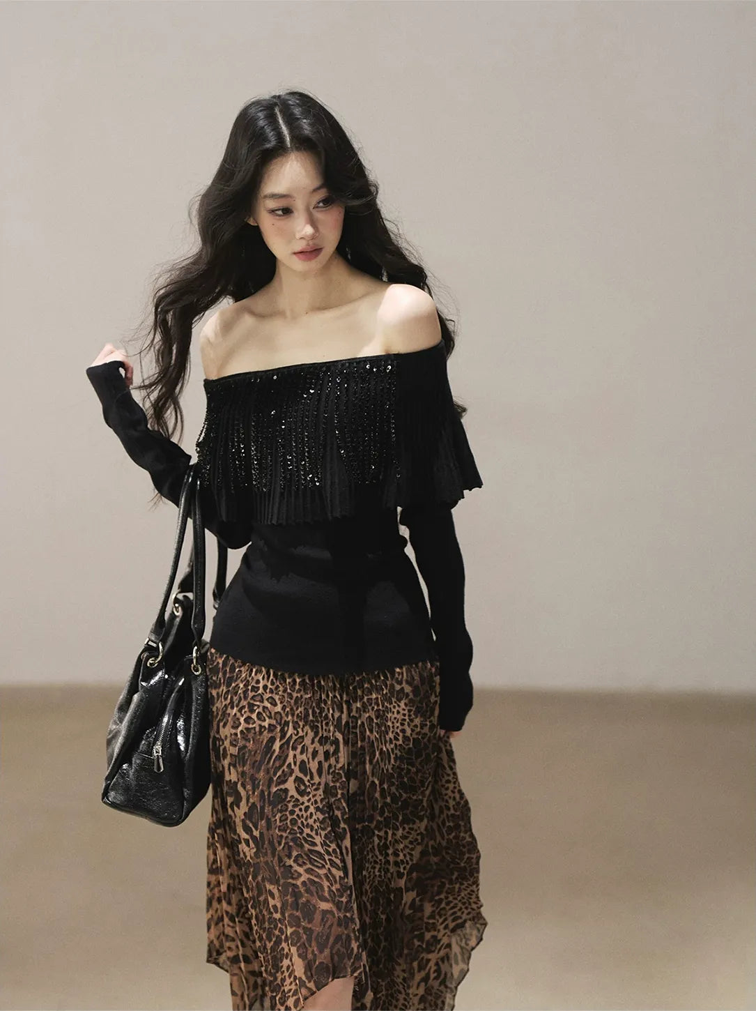 Pleated One-Shoulder Long-Sleeve Top