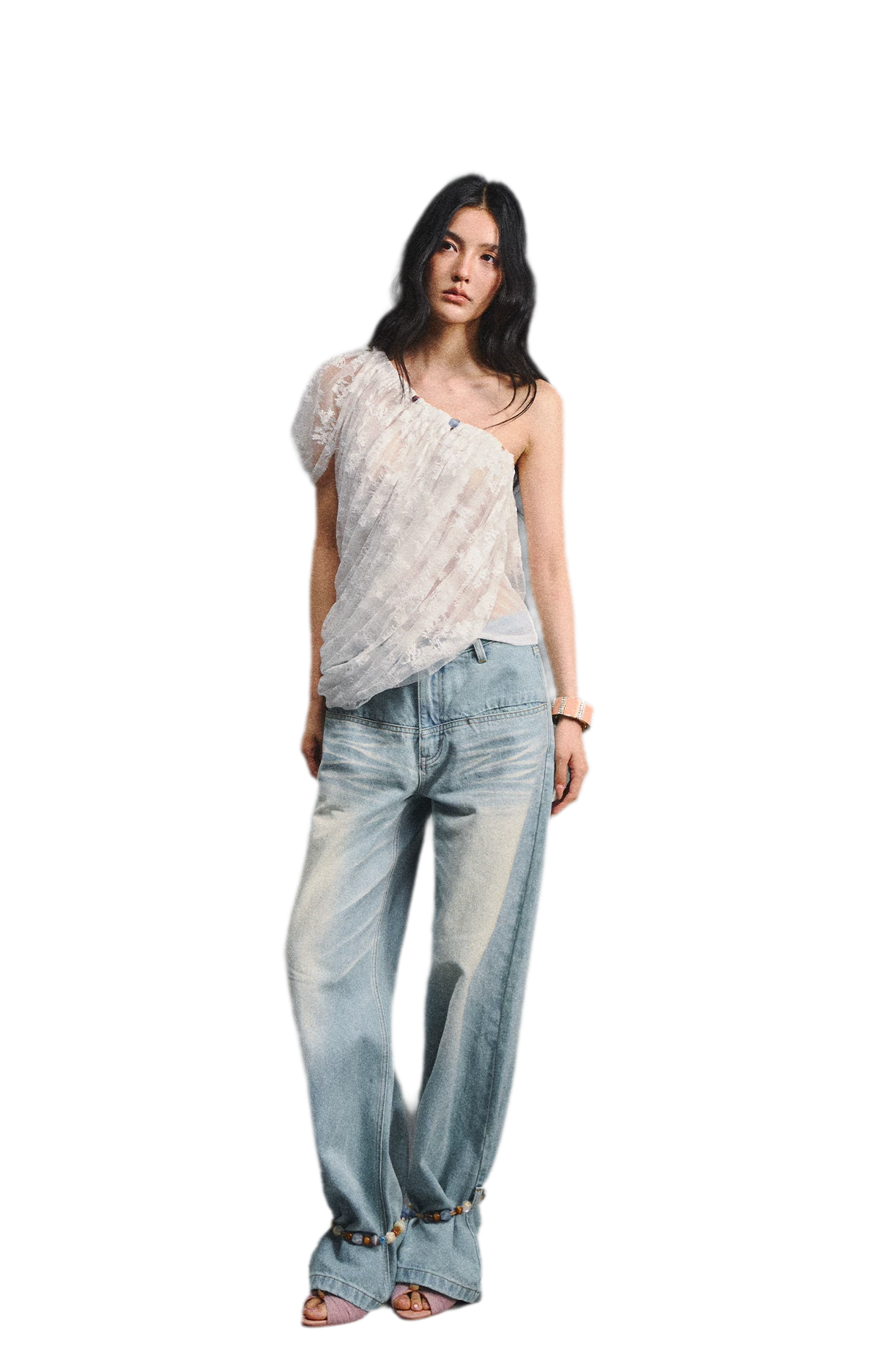 Lace Ruched Asymmetric Top