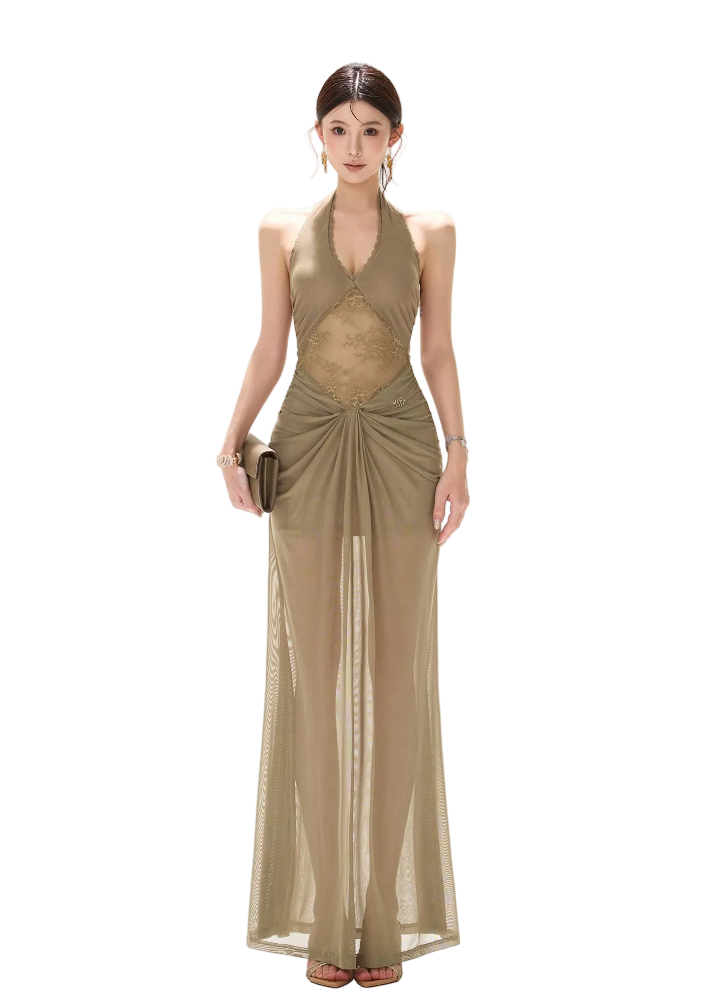 Deep V Halter Neck Lace Mesh Backless Long