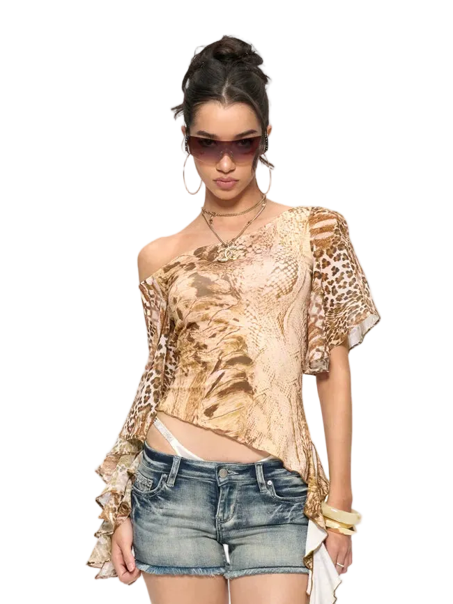 Leopard & Snake Print Asymmetric Ruffle Top