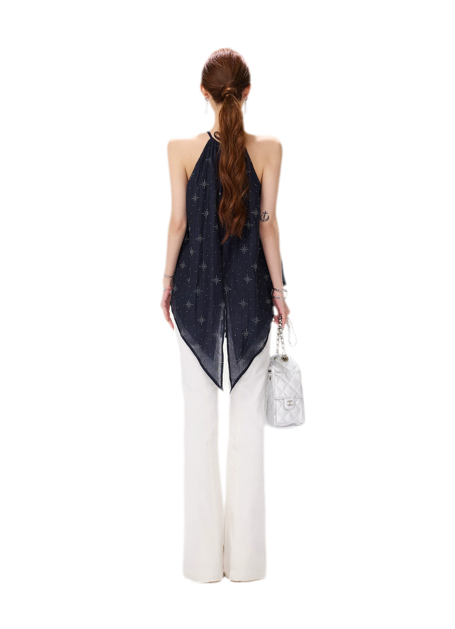 Rhinestone Asymmetric Halter Chiffon Top