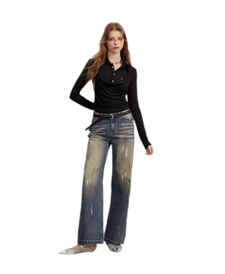 Washed Paint-Splatter Wide-Leg Jeans
