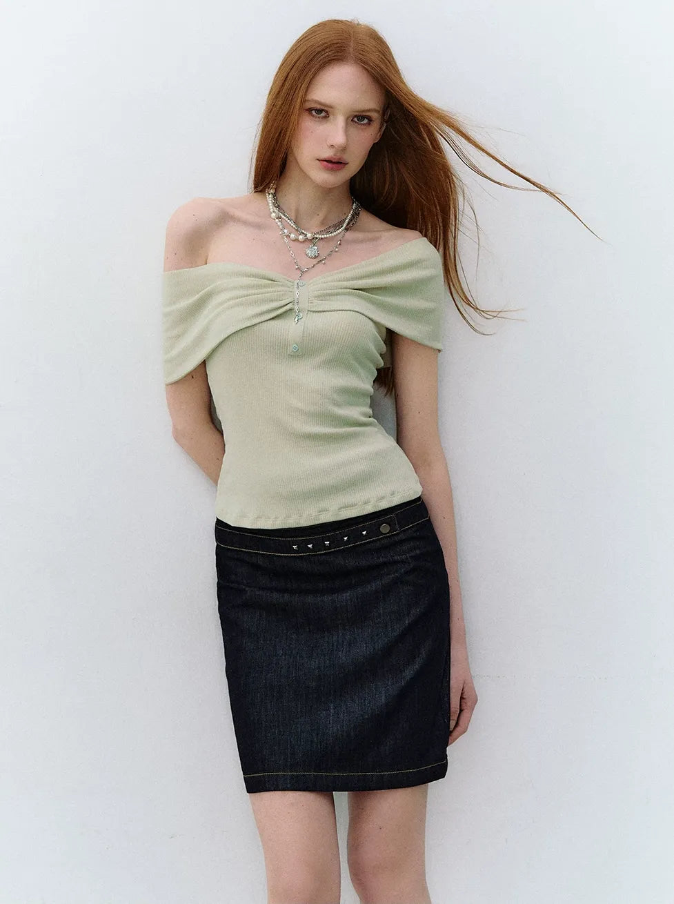 Retro Denim Blue Studded Straight Skirt