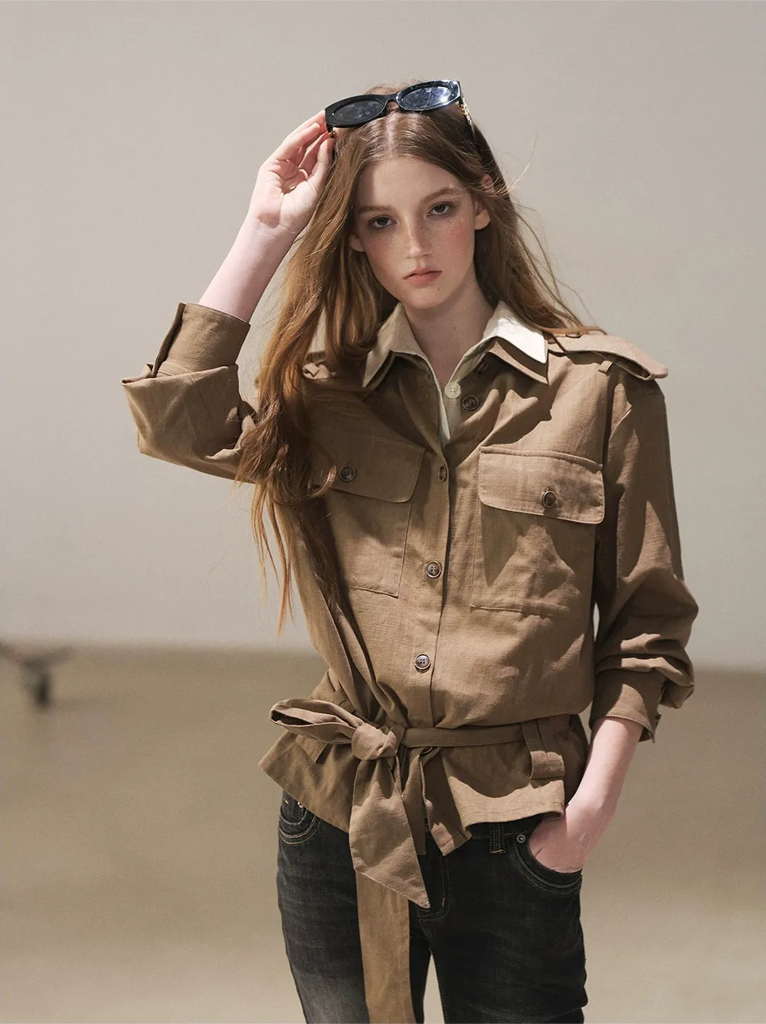 Cotton Linen Cinched Workwear Shirt