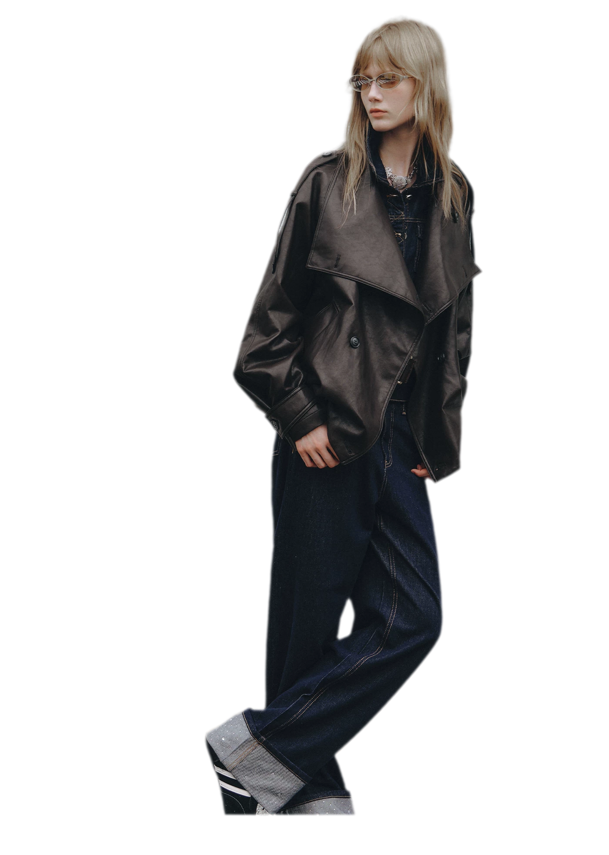 Faux-Leather Oversized Double-Breasted Jacket
