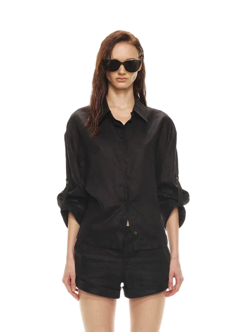 Linen Waist-Defined Shirt & Low-Rise Rolled Shorts Set