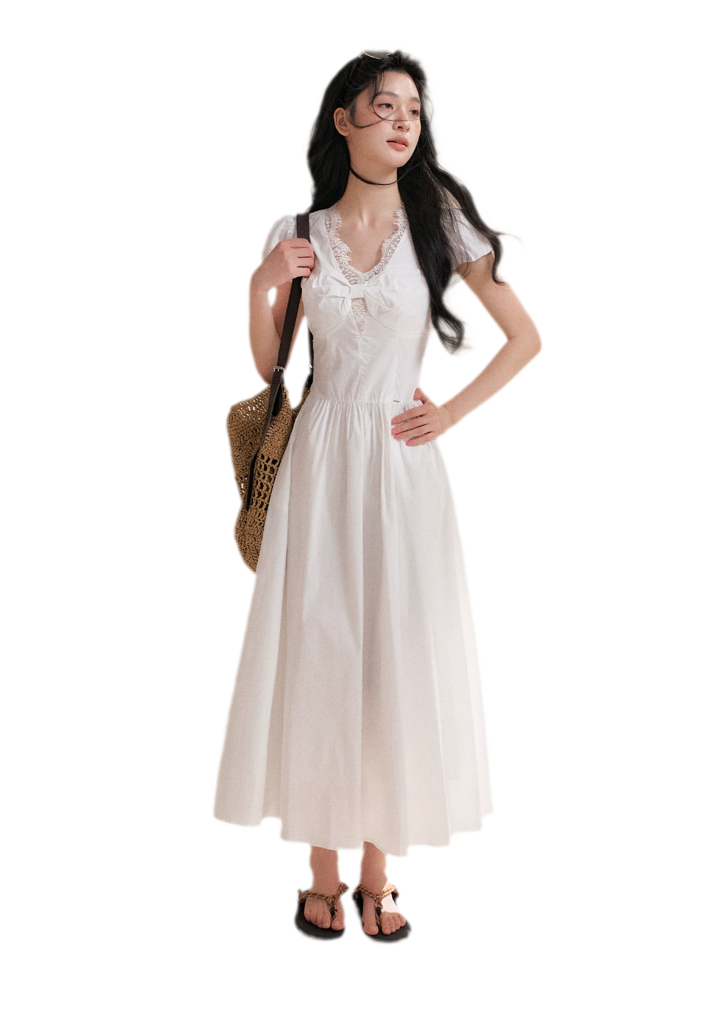 Knot Design French Lace Puff Sleeve A-Line Dress