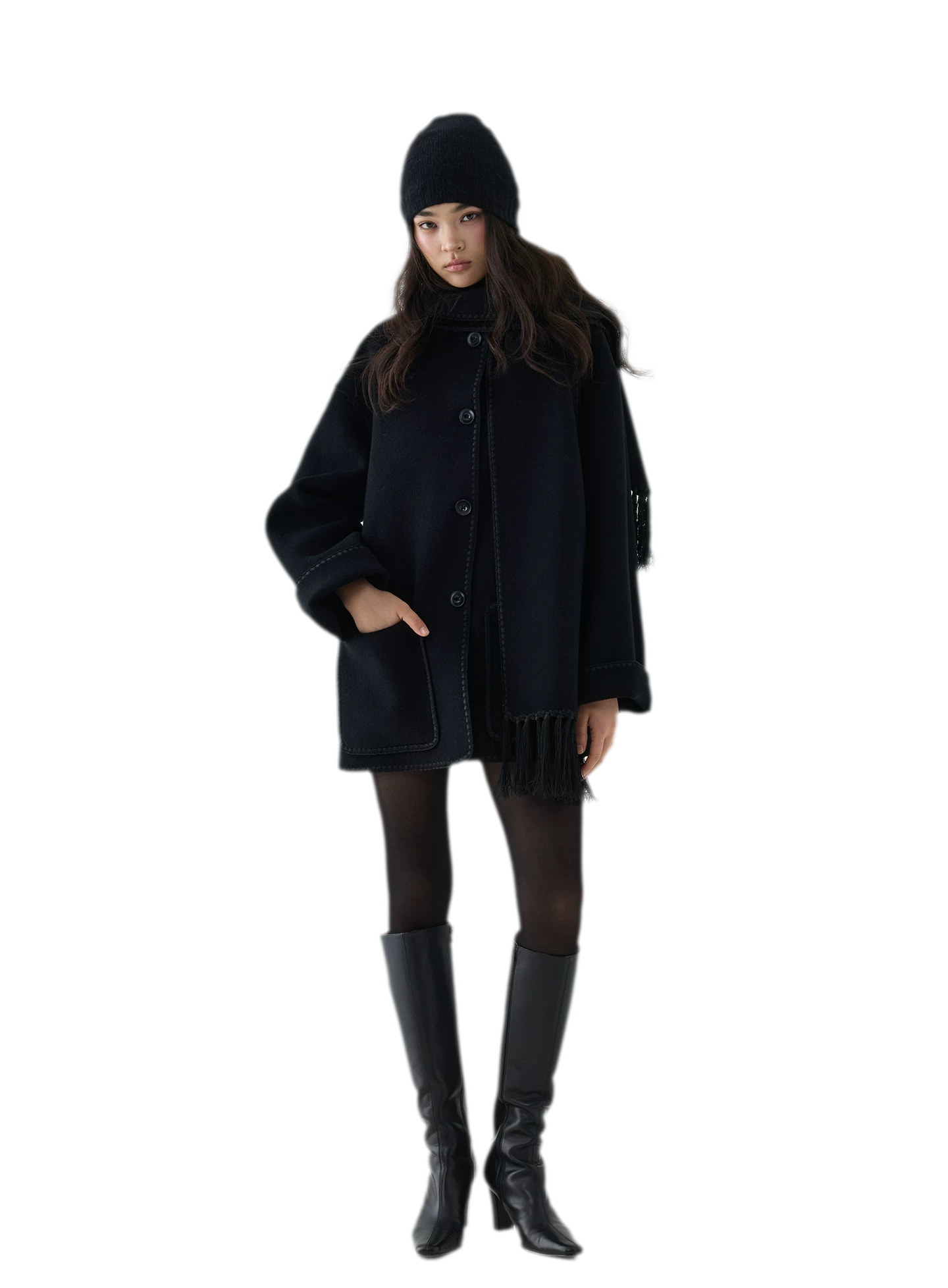 Double-Faced Wool Fringe Cape Coat