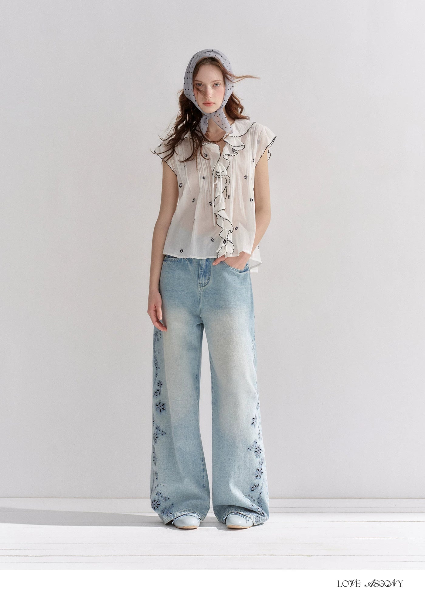 Cotton-Feel Embroidered Ruffle Sleeve Blouse